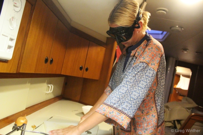 Elise found a diving mask very handy when chopping onions in the galley.